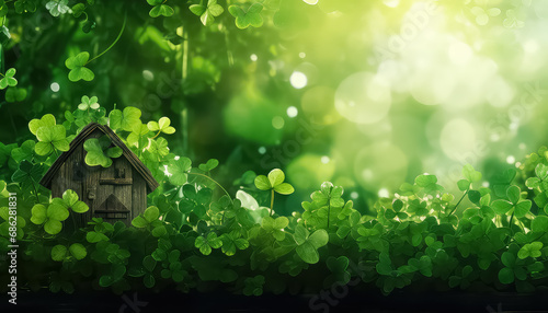 Clover and a small forest house, concept St.Patrick 's Day