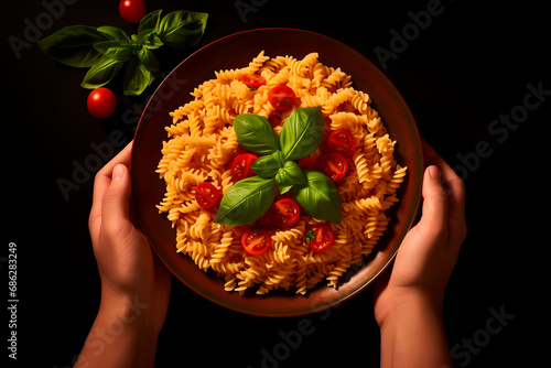 a plate of fusilli pasta with a little cherry tomato and grated cheese. fresh basil leaf on top of the pasta. The person is not fully visible, only the hands. Background with copy space. Realistic, hi