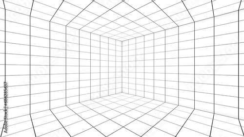 A grid of lines in an empty, white room serves as a visual cue. ,a space with a distance-measuring grid , a grid view,3d rendering