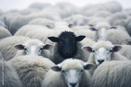 A lone black sheep stands proudly amidst a herd of white sheep, symbolizing uniqueness and breaking away from the expected. Ai generated