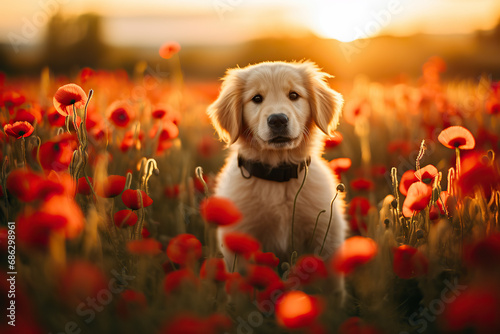 Golden retriever in the flower field at sunset