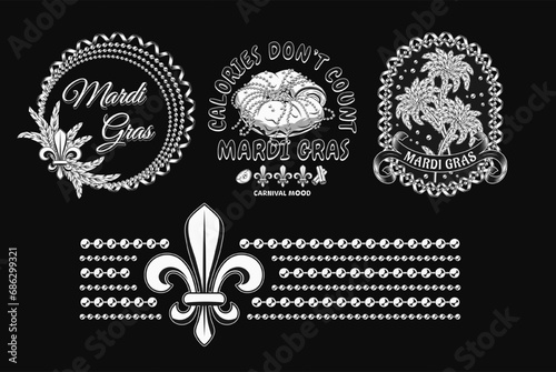 Carnival Mardi Gras labels with Fleur de Lis, holiday food, party streamers, strings of beads, text Vintage illustrations on black background For prints, clothing, t shirt, holiday goods, stuff design