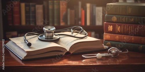 Open medical textbook with stethoscope on desk.