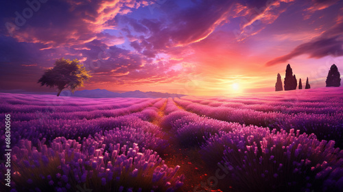 An enchanting lavender field, sunrise over the field