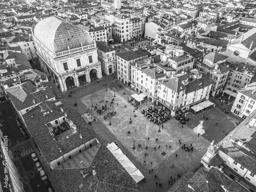 Italy November 30, 2023 - aerial view from the drone of the Piazza della Loggia in Brescia, the lioness of Italy, in Lombardy