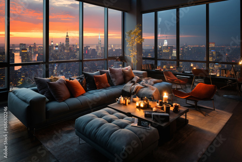 modern interior of a living room in an apartment, furniture, a table and sofa and pillows, a beautiful view outside the window of a modern metropolis with skyscrapers at sunset