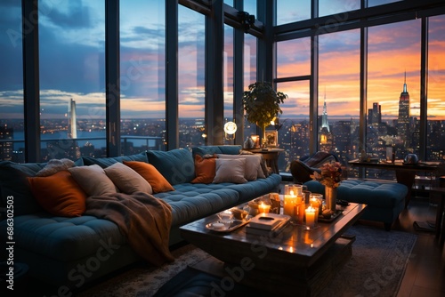 modern interior of a living room in an apartment, furniture, a table and sofa and pillows, a beautiful view outside the window of a modern metropolis with skyscrapers at sunset