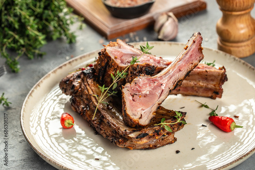 grilled lamb rib chop steaks, medium rare. Restaurant menu, dieting, cookbook recipe top view