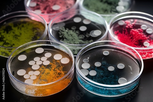 Petri dishes showcase vibrant colorful bacterial colonies, creating a visually dynamic representation of microbial growth in a laboratory setting. Scientific and clinical research concept. 