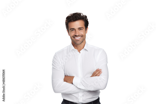 Cheerful brunette businessman wearing a white button-up shirt Smile confidently and cheerfully with your arms crossed. On a transparent background. Isolated.
