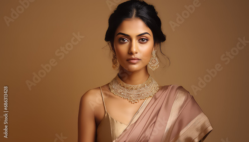 Indian woman in a beautiful sari and traditional jewelry in a wedding look