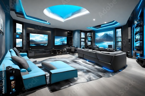 Luxury sky blue and grey gaming room 