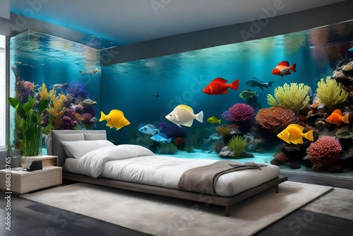 Glamorous wall aquarium on bedroom 