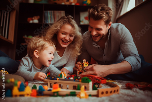 Father and daughters smiling and enjoying an educational playtime with wooden toys together.