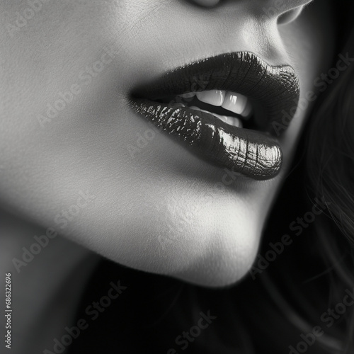 Fotografia en blanco y negro con detalle de parte de rosto femenino con labios marcados