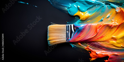 Paint brush with colorful paint splashes on dark background. paintbrush with a paint brush on it is laying on a colorful surface. Generative AI
