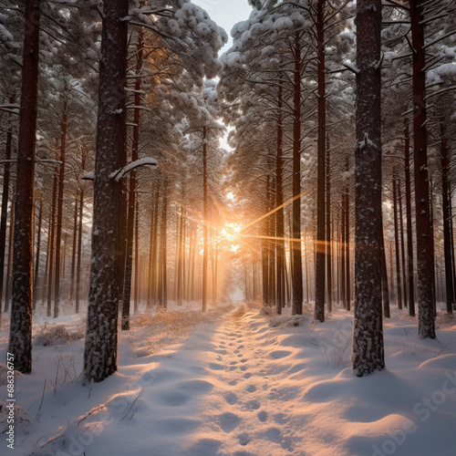 Fotografia con detalle de paisaje natural con multitud de arboles y luz de amanecer filtrada, con paisaje nevado de invierno