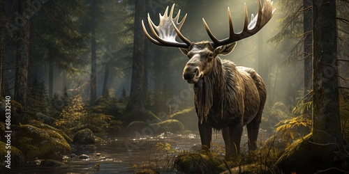 a large elk in a foggy forest wanders along a river in the rays of sun, banner, poster