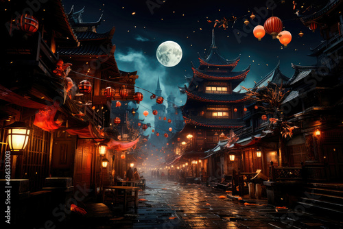 Card is festive for the New Year in Asian countries. Traditional pagodas and a street decorated with lanterns