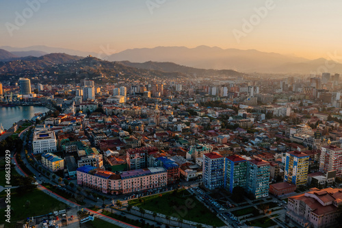 Evening sunset at Batumi City, Georgia, drone aerial view