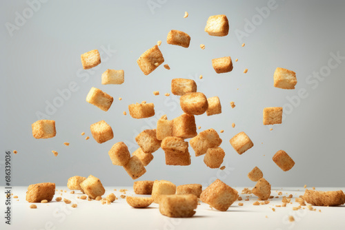 Freshly made crispy croutons fall in pile on gray background. Creative concept of floating healthy snacks. Background of falling croutons. Levitation of snacks. Close-up. Copy space.