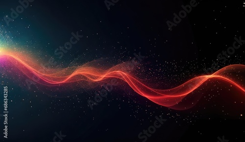 Stream of brilliant red particles in motion ın a dark black abstract background. Visualization of sound and music. Copy space for text, advertising, message