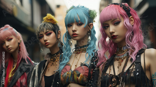 Individuals posing in colorful and avant-garde Harajuku fashion on the streets of Tokyo. Concept of Unique and Bold Street Style.