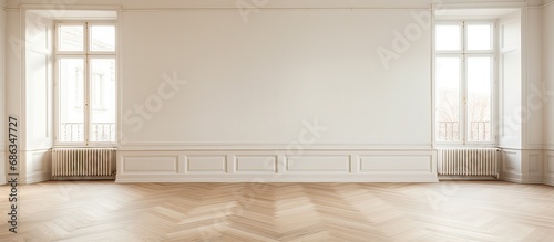 Empty apartment with parquet floor and windows
