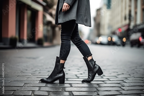 Fashionable female legs with stylish boots on a gray city street