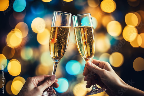 dos manos sosteniendo copas de champan efectuando un brindis sobre fondo desenfocado de luces brillantes doradas y azules