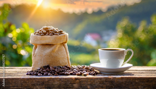 coffee and coffee beans on wooden table with country background