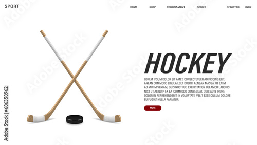 A web banner with 3D realistic hockey sticks and puck on a white background with text. A concept for sports betting.