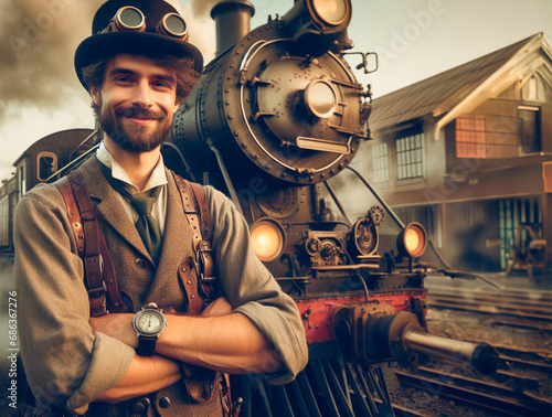 Hombre joven con vestimenta steampunk junto a locomotora en estación de ferrocaril