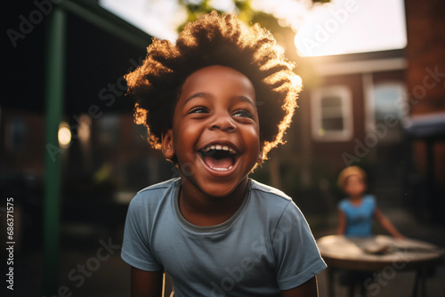 Black child laughing at loud, outdoors in school playground, sunlight in the hair, playing, wearing a tshirt, intense expression playful smile, african american boy, thrilled, classmate, happy, warm
