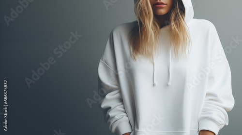 Young beautiful girl in a white hoodie posing. Warm oversized hoodie with an hood. Stylish trendy hipster bow. Trying on clothes in a store. Youth subculture. Fashion clothing. Generated AI