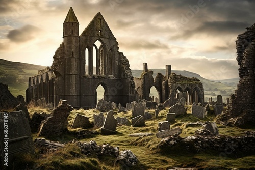 Aged cathedral remnants surrounded by tombstones on Cashel Rock, Ireland. Generative AI