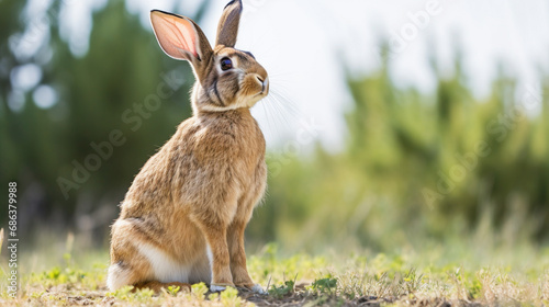 studio portrait of fawn colored flemish giant rabbit standing on hind legs looking up. generative ai