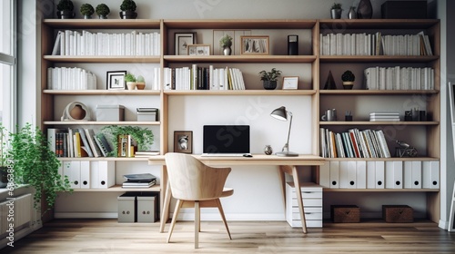 A well-organized home office space, complete with a tidy desk, ergonomic chair, and shelves filled with productivity-boosting books.