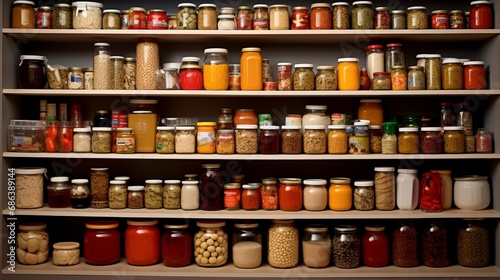 A well-organized pantry with shelves filled with canned goods and dry ingredients.