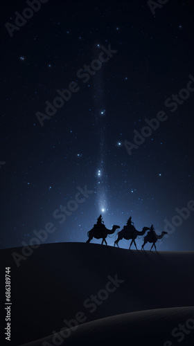 Silhouette of the three Wise Men on their camels walking through the nocturnal desert towards the portal of Bethlehem, copy space