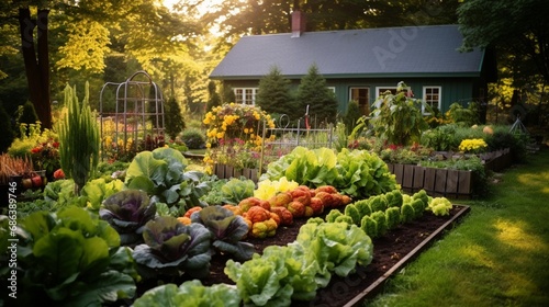 A well-tended backyard vegetable garden with rows of thriving plants, ready for a bountiful harvest.