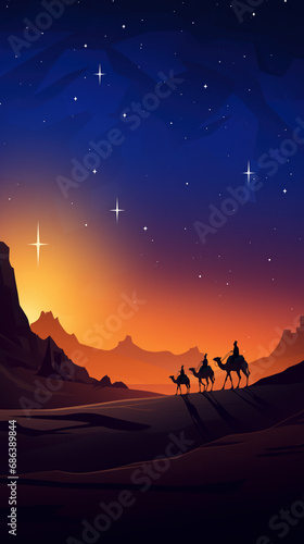 Silhouette of the three wise men on their camels walking through the desert at sunset, following the star towards the Bethlehem portal.copy space