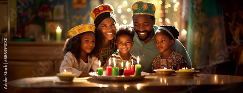 Kwanzaa African American holiday candles and family celebrating harvest festival at home background. Symbols of the seven principles. Mom dad and three children sitting together at the festive table.