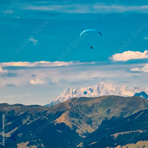 Alpine summer view with paragliders at Mount Fulseck, Dorfgastein, St. Johann im Pongau, Salzburg, Austria