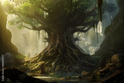 A giant tree with massive roots in a fantasy world. Generative AI