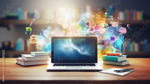 Laptop and books on wooden desk with abstract colorful background. Education concept. Education technology E-learning Online Training 