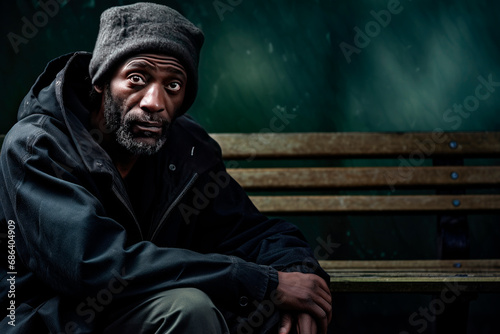 Unhappy homeless black man sitting on a bench in an autumn park