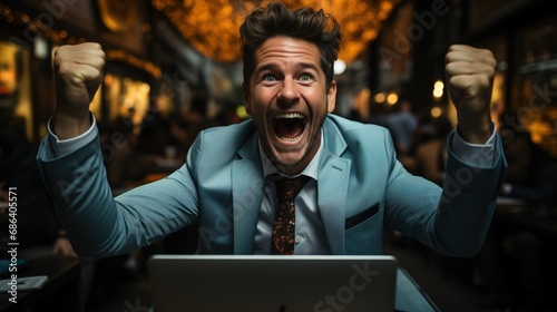 A man in a café throws his fists in the air in a victorious gesture, his face expressing sheer triumph, used to illustrate success, achievement, or positive outcomes in business or personal milestones