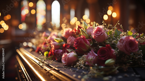 Wooden coffin with a beautiful arrangement of flowers on the lid. Funeral ceremony and farewell. Close-up. Top view