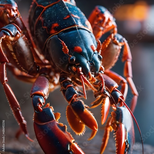 Macro shot of a lobster on the seashore. Closeup of Lobster walking on beach. Celebrating National Lobster Day. 